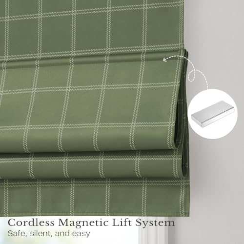 100% Blackout Green Plaid Magnetic Roman Shade (26"W x 72"L (Pack of 1) / Grid Pattern | Olive Green & White)