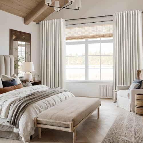 Extra Wide 100% Blackout Linen Curtains for Bedroom 96 Inch Long Ceiling to Floor 8 FT Natural Cream Black Out Curtain Back Tab Room Darkening Window Drapes 1 Panel Beige Ivory 100x96 (Cream / 100"W x 96"L (Pack of 1))