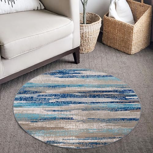 Modern Washable Abstract Small Round Rug 3ft Circle Rug for Entryway (Blue Aqua/Beige Taupe Multi / 3' (Round))