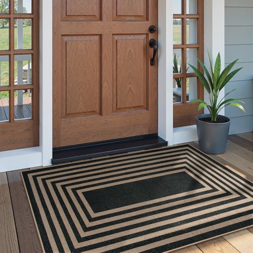 Modern 3x5 Outdoor Rug (3' x 5' (Rectangular) / Black/Nature Border)