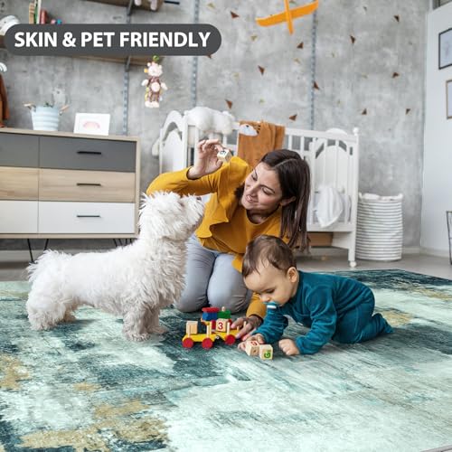 9x12 Area Rugs for Living Room Washable Bedroom Dining Room Teal Grey Gold (Teal Grey/Gold / 9' x 12' (Rectangular))