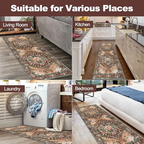 Washable Runner Rug (2' x 6' / Rust/Dull Teal)