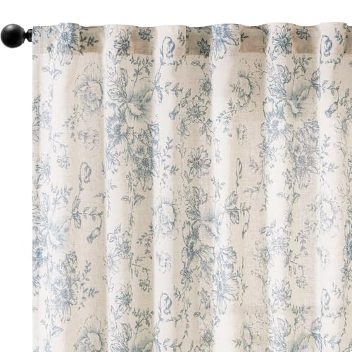 Blue Floral Linen Curtains 108 Long for Living Room 2 Panels (Blue / 50"W x 108"L (Pack of 2))