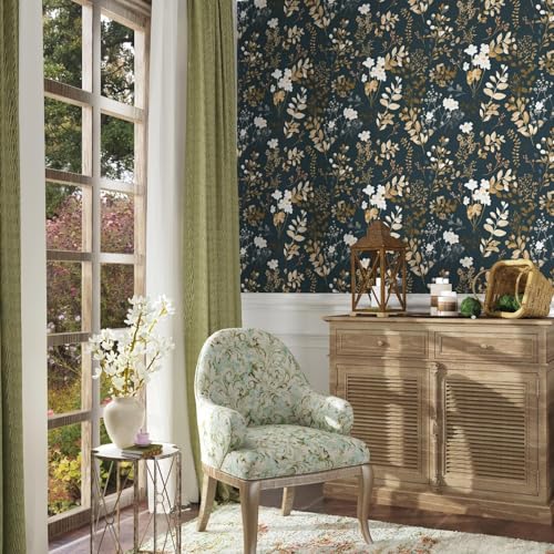 Vintage Dark Navy Gold Floral Peel and Stick Wallpaper 17.5"x118" (Blue&White / 118" x 17.5")