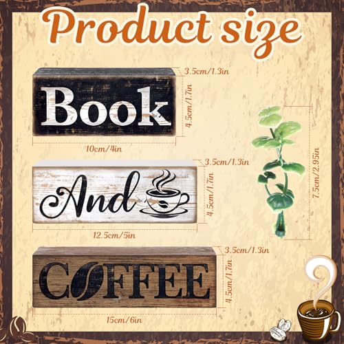 4 Pcs Farmhouse Table Decor Rustic Wooden Book and Coffee Signs (Coffee)