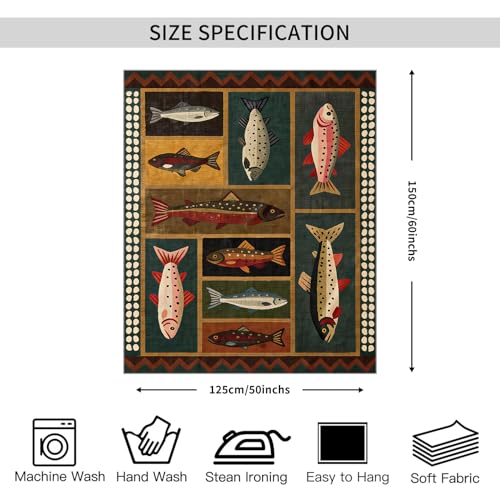Fish Tapestry 50 X 60 Inches Vintage Dark Western Wall Art Rustic Country Salmon Trout Painting Retro Cabin Aesthetic Decor for Living Room Bedroom (Tapestries / Black / 60"L x 50"W)