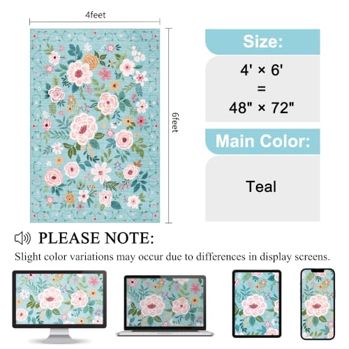 4x6 Area Rug Floral Washable Rug Non Slip Office Chair Mat (Teal / 4' x 6' (Rectangular))