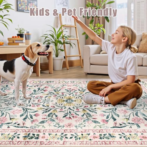 Area Rug Living Room (Pink/Green / 5' x 7' (Rectangular))