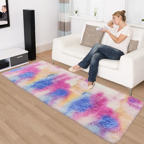 Fluffy Colorful Rug for Bedroom 2x6 ft Kawaii Tie (Tie-dyed Colorful / 2' x 6' (Runner))
