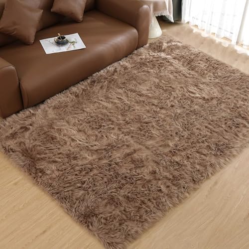 Beige Area Rug 6x9 Light Brown Fluffy Fuzzy Sheepskin Rug for Living Room Bedroom Shag Faux Fur Carpet Rectangle (6' x 9' (Rectangular) / Beige)