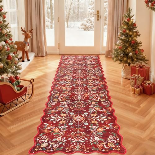 2x8 Christmas Runner Rug Washable Christmas Holiday Carpet Runner (Red Christmas Floral / 2' x 8')