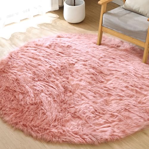 Pink Washable Fluffy Round Rugs for Bedroom Girls Shag Faux Sheepskin Fuzzy Fur Rugs for Living Room Circle Area Rug for Kids Round Rug 5ft (5' (Round) / Pink)