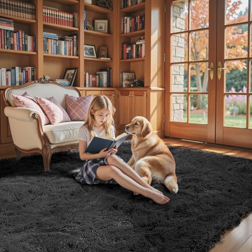 6x9 Black Shag Area Rug for Living Room (Black / 6' x 9' (Rectangular))