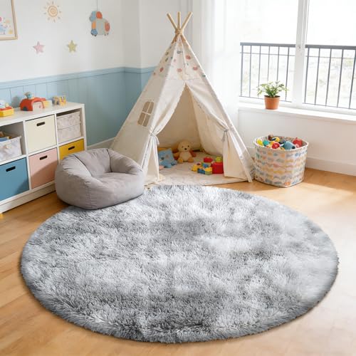 Tie Dyed Fluffy Round Rug (Mottling Grey / 3' (Round))