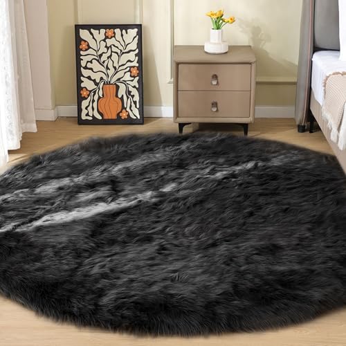 Washable Faux Fluffy Fur Round Area 6.6ft Rugs for Living Room Black Large Furry Rug for Bedroom Boho Circle Nursery Rug Teen Room Décor (6'7" (Round) / Black)