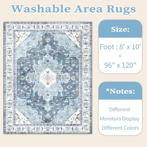 8x10 Washable Non Slip Boho Area Rug for Living Room (Vintage Blue / 8' x 10' (Rectangular))