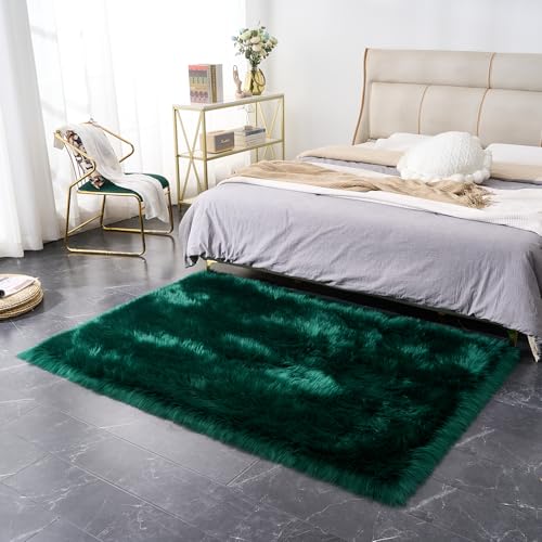 Ultra Soft Fluffy Shaggy Area Rug Faux Fur Rug Chair Cover Seat Pad Fuzzy Area Rug for Bedroom Floor Sofa Living Room (Darkgreen / 4' x 6' (Rectangular))