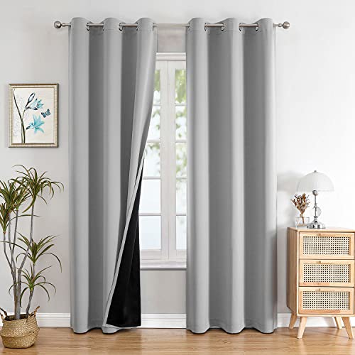 100% Blackout Curtains for Bedroom 78 Inch Long with Black Liner (42"W x 78"L (Pack of 2) / Light Grey)