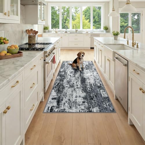 Washable Runner 3'x6' Abstract Area Rug for Hallway Black White (Black/Navy Blue/Gray / 3' x 6' (Runner))