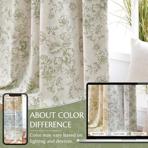 Floral Linen Blackout Curtains for Bedroom 90 Inches Long (Green / 50"W x 90"L (Pack of 2))
