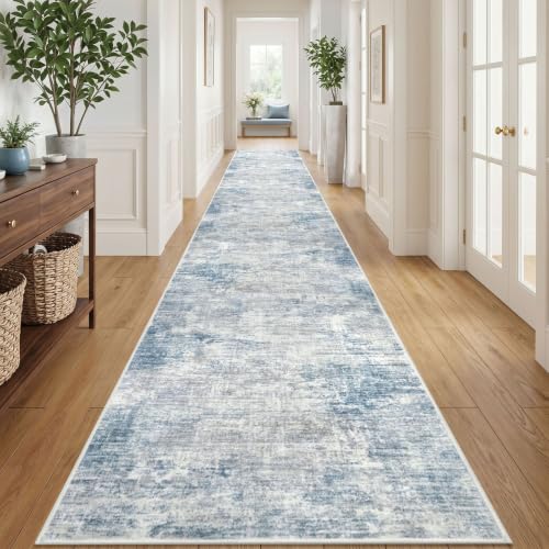 Abstract Runner Rug 3x20 Ft Extra Long Washable Runners for Hallways (Light Blue/Grey/White / 3' x 20' (Rectangular))