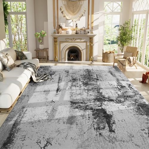 Living Room Rug 9x11 Ink Black Area Rugs Machine Washable Abstract Boho Large Rug Non (Ink Black / 9' x 11' (Rectangular))