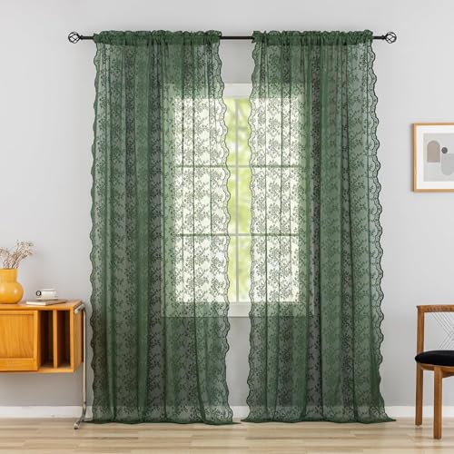 Vintage Lace Curtains 90 Inches Long (Dark Green / 52"W x 90"L (Pack of 2))