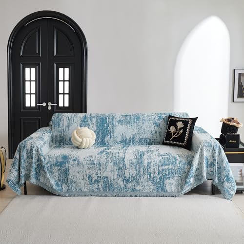 Boho Couch Cover for Dogs Washable Sage Abstract Couch Sofa Protector for Cats Pets Friendly Chenille Geometric Sofa Covers Soft Durable Farmhouse Sofa Slipcovers (91" x 118" / 1# Blue)