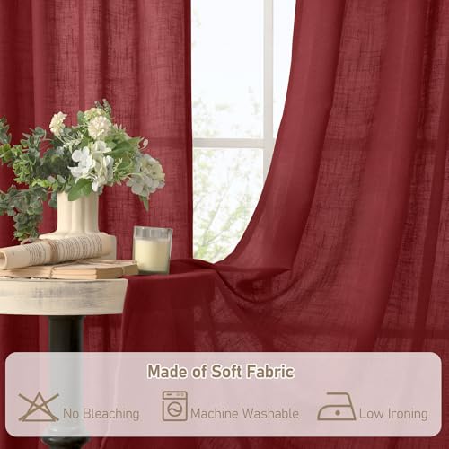 Semi Sheer Linen Curtains 63 Inch for Living Room 52 x 63 Inch (Burgundy Red / 52"W x 63"L (Pack of 2))