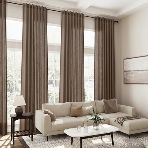 Light Brown Linen Curtains 120 Inch Extra Long for Living Room Back Tab Light Filtering Semi Sheer Drapes Modern Farmhouse Boho Decor Cotton Textured Curtain for Floor to Ceiling High Window 52x120 (52"W x 120"L (Pack of 2) / Light Brown)