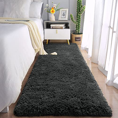 Soft Runner Rug for Bedroom Living Room Plush Fluffy Rugs 2x4 (Dark Grey / 2' x 4' (Runner))