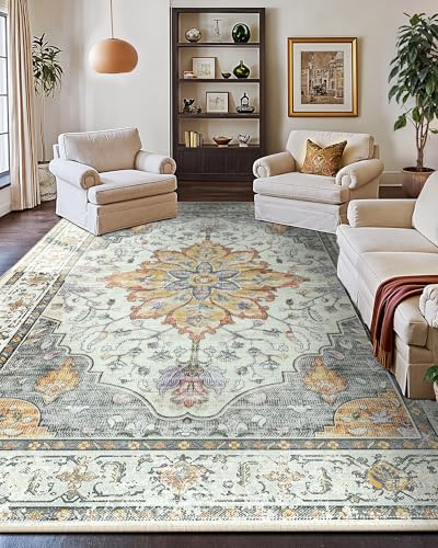 Washable Area Rug (Beige/Carbon Grey/Orange / 9' x 12' (Rectangular))