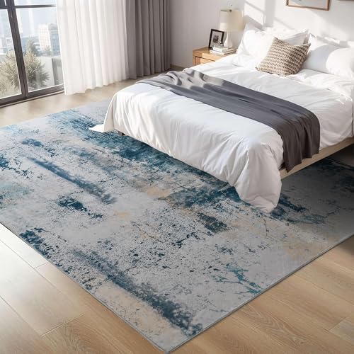 Living Room Rug 7x10 Aqua Blue Area Rugs Machine Washable Abstract Boho Large Rug Non (Aqua Blue / 7' x 10' (Rectangular))