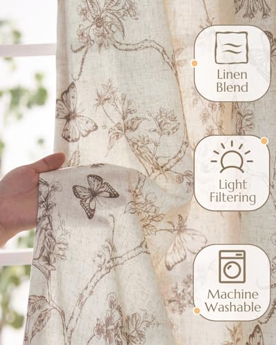 Floral Linen Curtains for Living Room 84 Inch Length Butterfly Curtain Taupe Floral Curtains French Country Farmhouse Curtain Flower Patterned Drapes Window Treatment Set 2 Panels (Flower Taupe / 50"W x 84"L (Pack of 2))