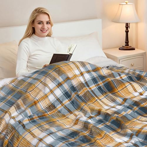Sherpa Blanket Queen Plaid Thick Bed Blanket (Blue Yellow Check / 80"*90")