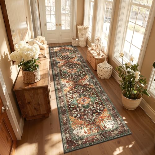 Washable Runner Rug (3' x 12' / Rust/Dull Teal)