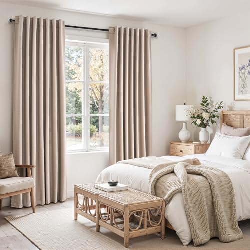 96 inch long blackout window curtains 2 Panels for bedroom 100% Black out Linen texture Curtain Vintage Farmhouse Drapes with Back Tab Rod Pocket Pinch pleated Thermal Insulated Panel for Living Room (Natural Beige / 52"W x 96"L (Pack of 2))