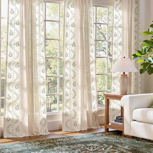 Floral Linen Curtains 63 Inch Farmhouse Back Tab 4 Panels (Sage / 50"W x 63"L (Pack of 4))