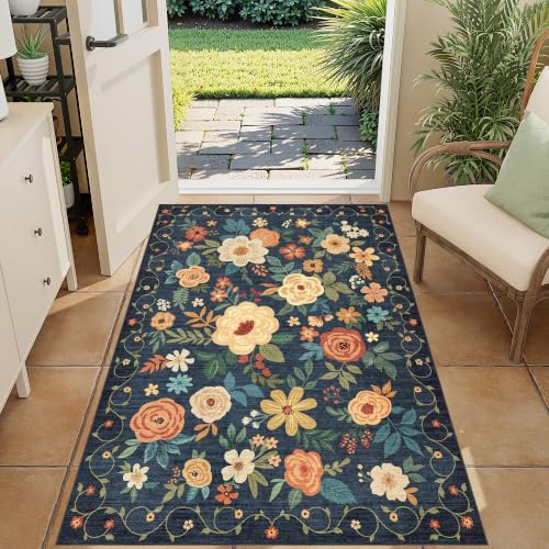 3x4 Area Rug Floral Washable Rug for Kitchen Non Slip (Navy Blue / 3' x 4' (Rectangular))