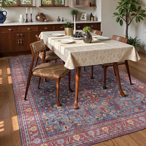 Washable Area Rug 4' x 6' Vintage Traditional Persian Mat (Indigo and Crimson / 4' x 6' (Rectangular))