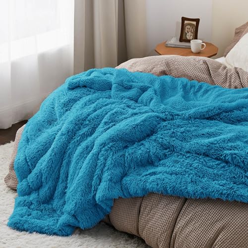 Faux Fur Fluffy Sherpa Fleece King Bed Blanket Bright Blue 108"x90" (21- Bright Blue / King (108" X 90"))