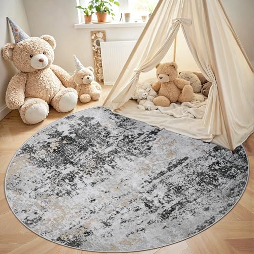 Round Rug 6ft Washable Rug for Dining Room Living Room Black Grey Gold (Black Grey/Gold / 6' (Round))