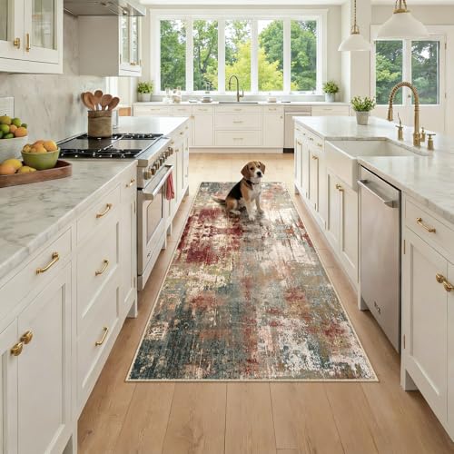 Washable Runner 3'x7' Abstract Area Rug for Hallway Rustic Brown (Rust Red/Green/Blue/Multi / 3' x 7' (Runner))