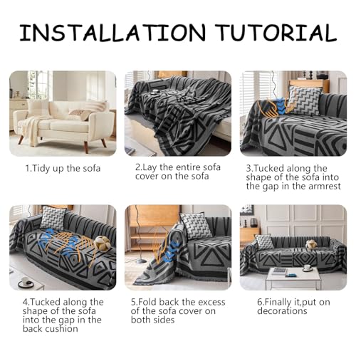 Boho Geometric Couch Covers for Sofa Pet Friendly Dark Grey and Black Sofa Covers Washable Chenille Couch Blanket Cover for 3 Cushion Couches Pet Protector Furniture Cover Soft (71" x 150" / T: Dark Grey)