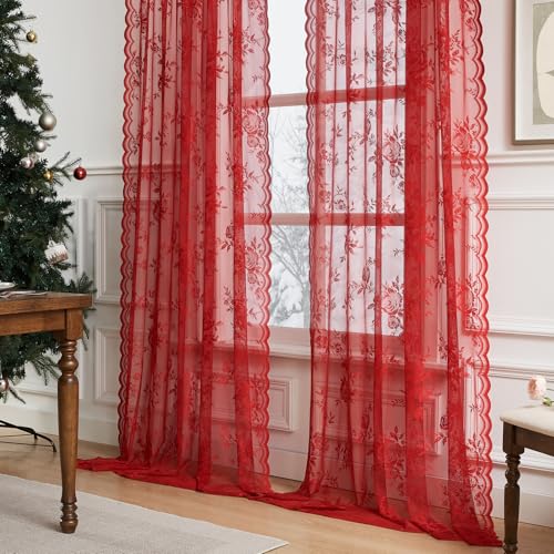 Red Lace Curtains 45 Inch Length 2 Panels Set Romantic Country Flower Curtains for Kitchen Cafe Rod Pocket Light Filtering Semi Sheer Small Window Curtains for Valentine's Christmas Day Decor (52"W x 45"L (Pack of 2) / Red)
