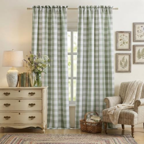 Sage Green Buffalo Plaid Semi Sheer Curtain Panels 84 Inches Long (Sage Green/White / 52"W x 84"L (Pack of 2))