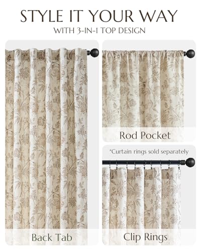 Taupe Floral Linen Curtains Lined 84 Inch Cottage Back Tab 2 Panels (*Jacobean Taupe / 50"W x 84"L (Pack of 2))