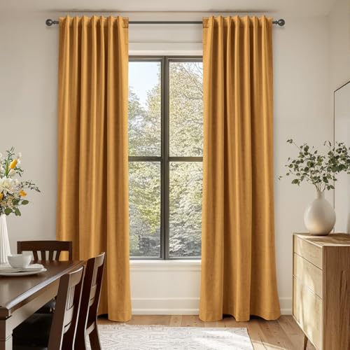 Faux Linen Total Blackout Curtains for Bedroom 108 Inch Long Mustard Yellow (Lumina | Mustard Yellow / 50"W x 108"L (Pack of 2))