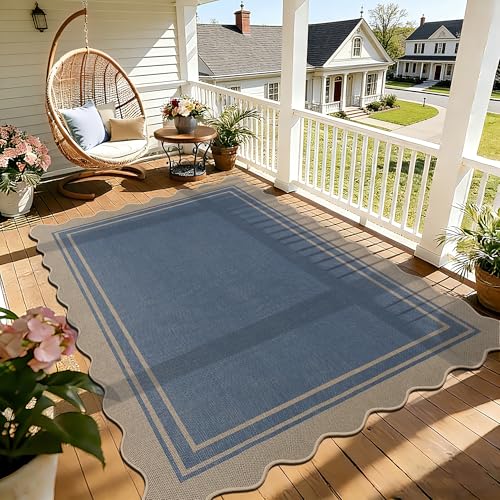 6x9 Scalloped Rug Easy Jute Washable Outdoor Patio Rug for Living Room Indoor Outdoor Blue Geometric Neutral Carpet for Backyard Patio Dining Room (6'*9'(Rectangular) / Blue)