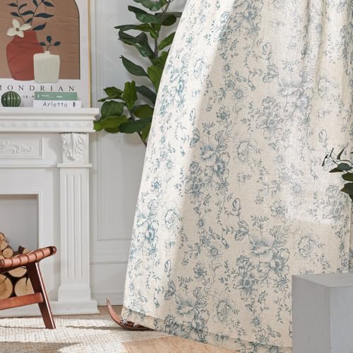 Blue Floral Linen Curtains 90 Long for Living Room 2 Panels (Blue / 50"W x 90"L (Pack of 2))
